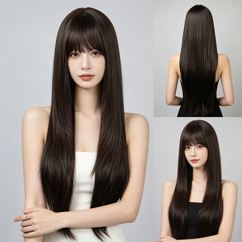 Wig Fiber Net - Rambut lurus panjang dengan poni, wig