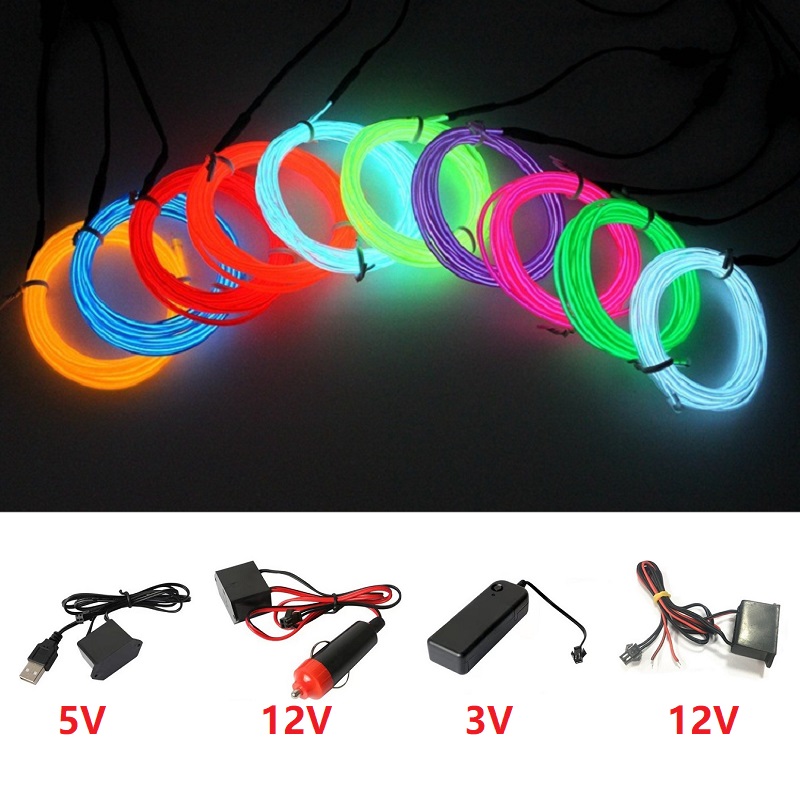 Led El Wire - Tali kawat EL cahaya Neon, baterai
